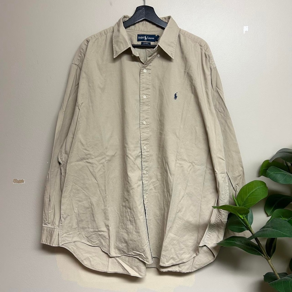 Vintage 90s Ralph Lauren Blaire Cream Button Up Shirt Mens XXL Tan Cotton Top